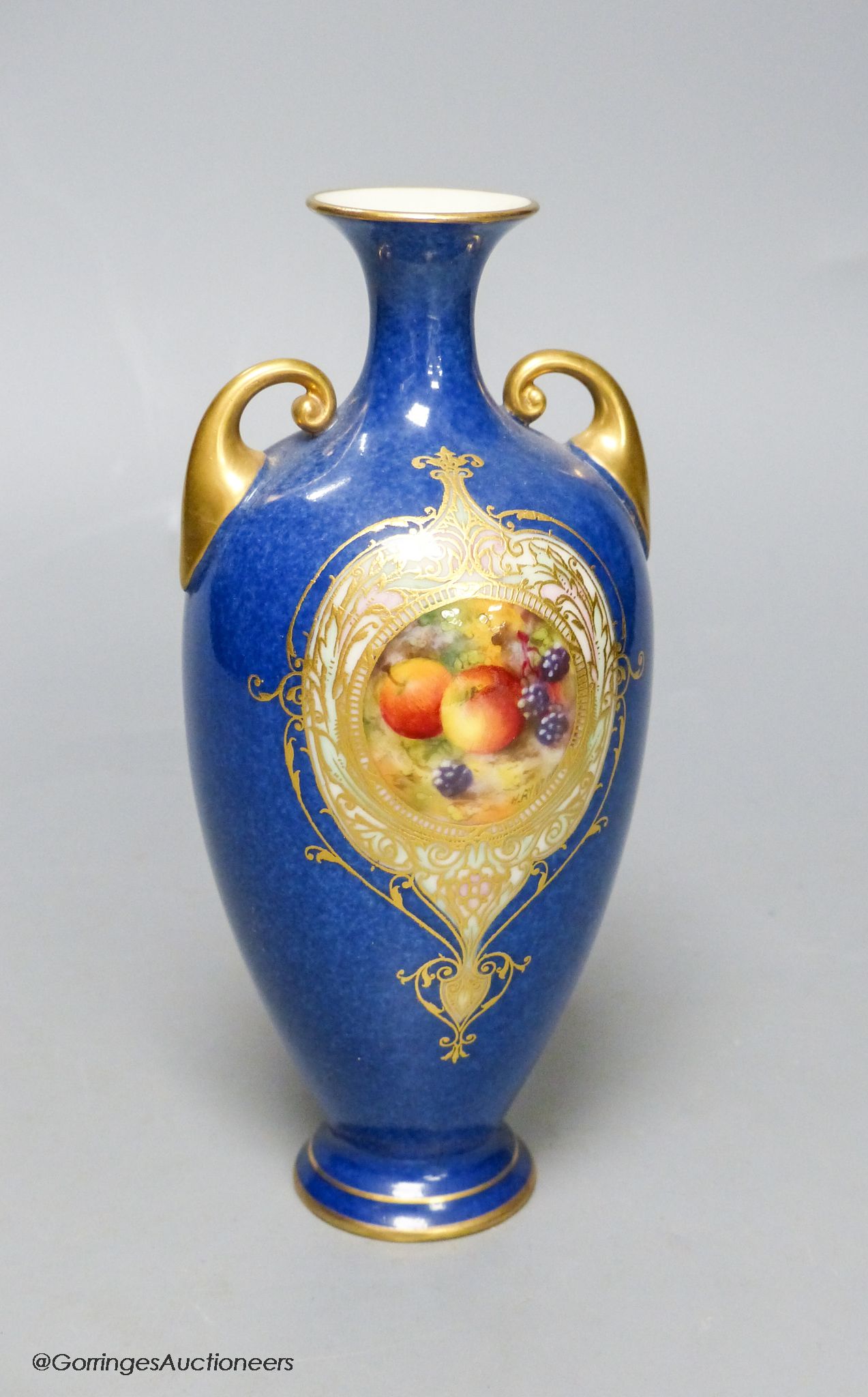 A Royal Worcester fruit painted powder blue vase, height 16.5cm